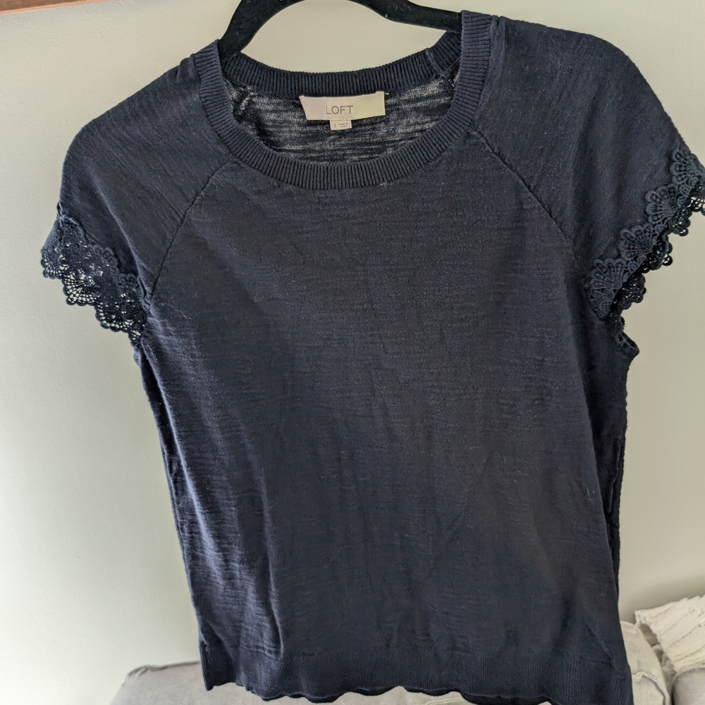 LOFT Navy Lace Sleeve Tee